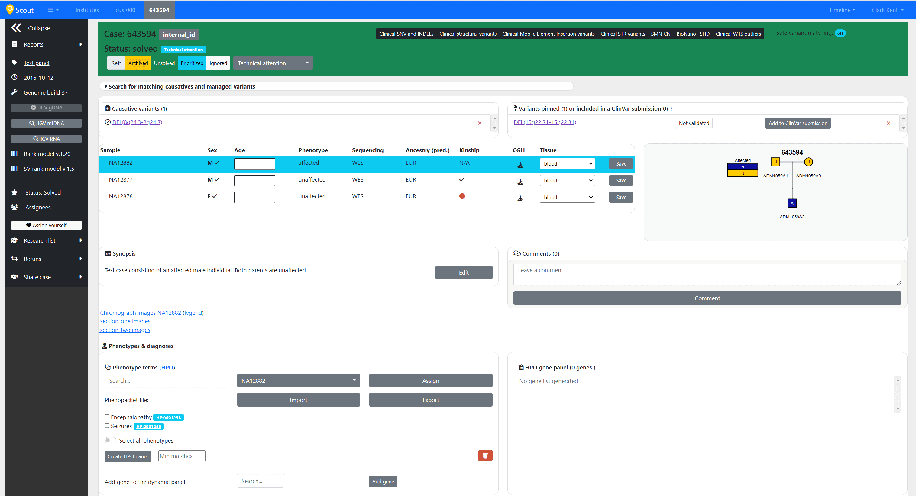 Image of a case with one pinned and one causative varuiant in the scout application.